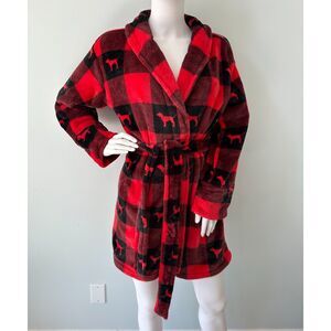 Victoria's Secret PINK Black Red Plaid Sherpa Plush Robe Monogram Dog Logo XS/S